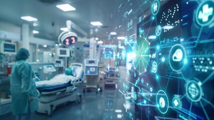 A blurred image of a hospital room with a patient in a bed, a medical professional in the background, and a digital screen overlay showing medical data and icons.