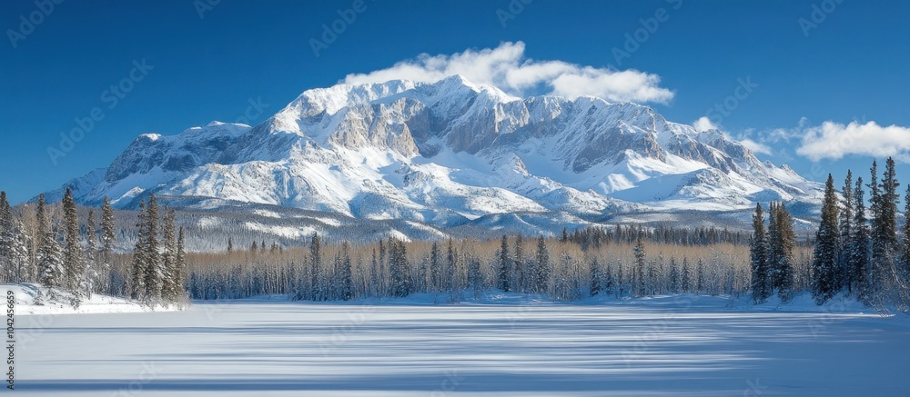 Poster a snow-capped mountain range rises above a frozen lake with a thin line of pine trees in the foregro