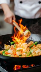 A chef stir-frying vegetables in a hot pan with flames.