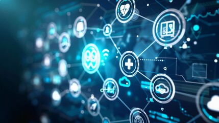A digital illustration of interconnected healthcare symbols representing a network of data and technology.