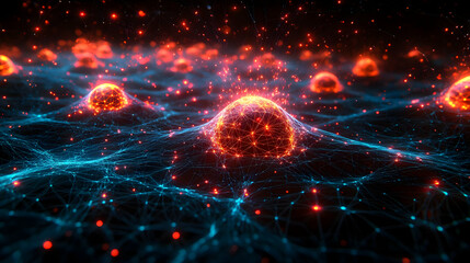 Obraz premium Abstract visualization of interconnected nodes and glowing particles.