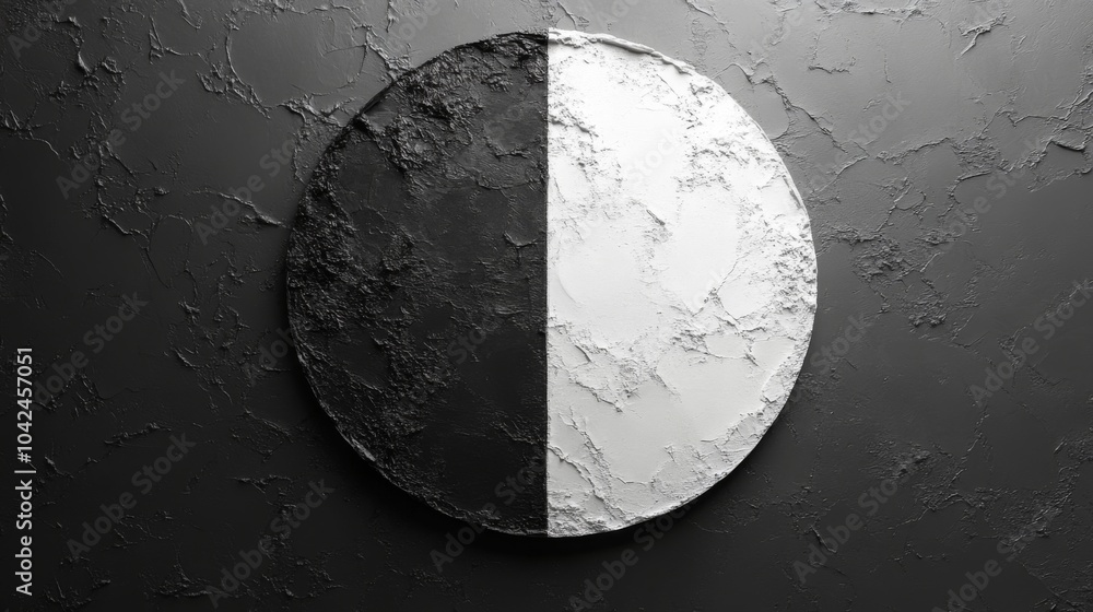 Poster a striking circular art piece is divided into black and white halves, showcasing textured surfaces t