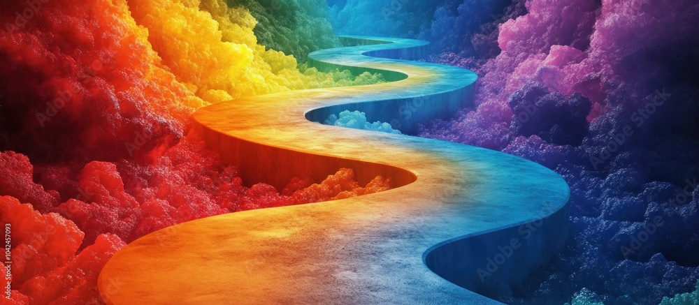 Poster a winding path through a rainbow of clouds.
