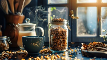 A cozy kitchen scene with a jar of homemade buckwheat granola and a steaming cup of coffee.