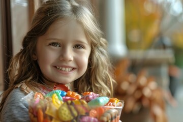 Fototapeta premium smiling girl holding a bowl of colorful candies, enjoying Halloween with a cheerful expression