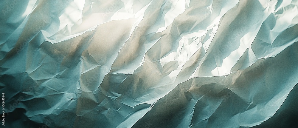 Poster crumpled white paper illuminated by soft light, creating textured shadows and highlights in an artis
