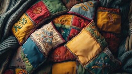 Colorful Patchwork Cushions on Cozy Blanket