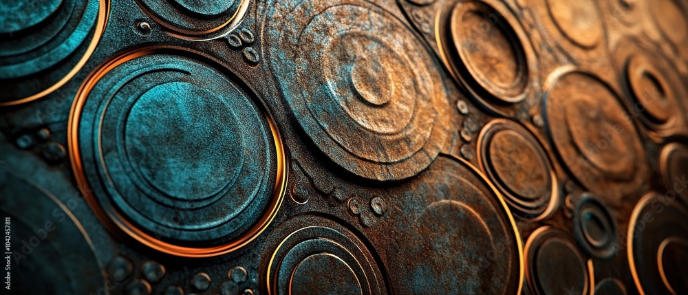 Poster enigmatic close-up of shimmering circular metal objects reflecting warm light in an abstract arrange