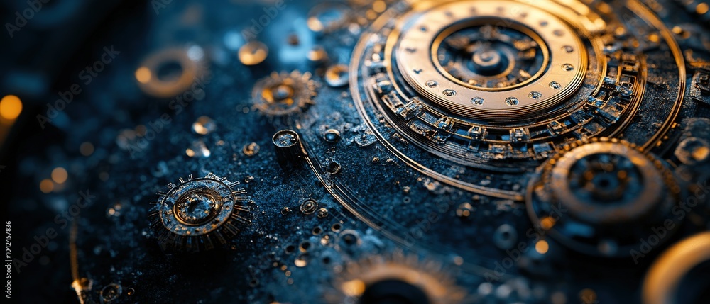 Poster enigmatic close-up of shimmering circular metal objects reflecting warm light in an abstract arrange