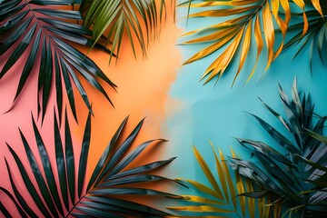 A close up of palm leaves on a pink and blue background