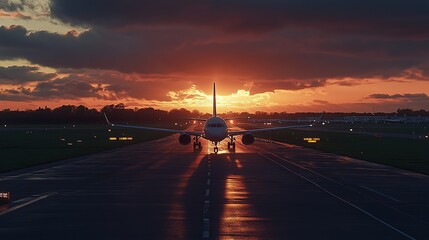 Airplane taking off into a breathtaking sunset over a serene landscape during evening hours