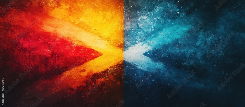 Poster abstract background with a fiery red and orange side on the left and a blue and turquoise side on th