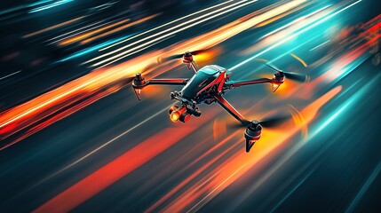 Obraz premium A high-speed drone captures vibrant light trails in a bustling urban environment during nighttime
