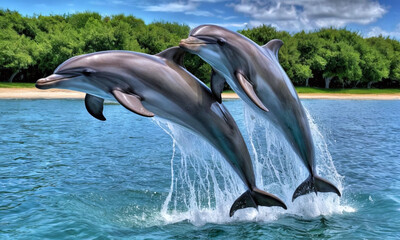 Obraz premium two dolphins jumping out of water island backdrop
