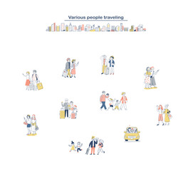 歩いているさまざまな人々　旅行　セット