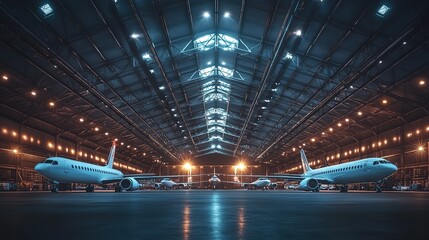 Fototapeta premium Aircraft being serviced and maintained inside a spacious hangar during daylight hours