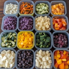 A colorful arrangement of prepped vegetables and grains in containers.