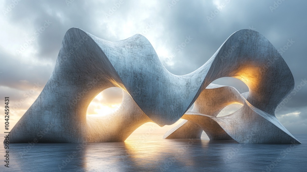 Poster a striking abstract sculpture made of textured concrete rises from the water, beautifully illuminate