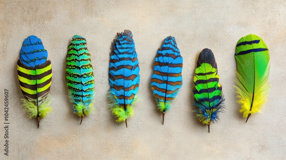Poster colorful feathers displayed in a row on background