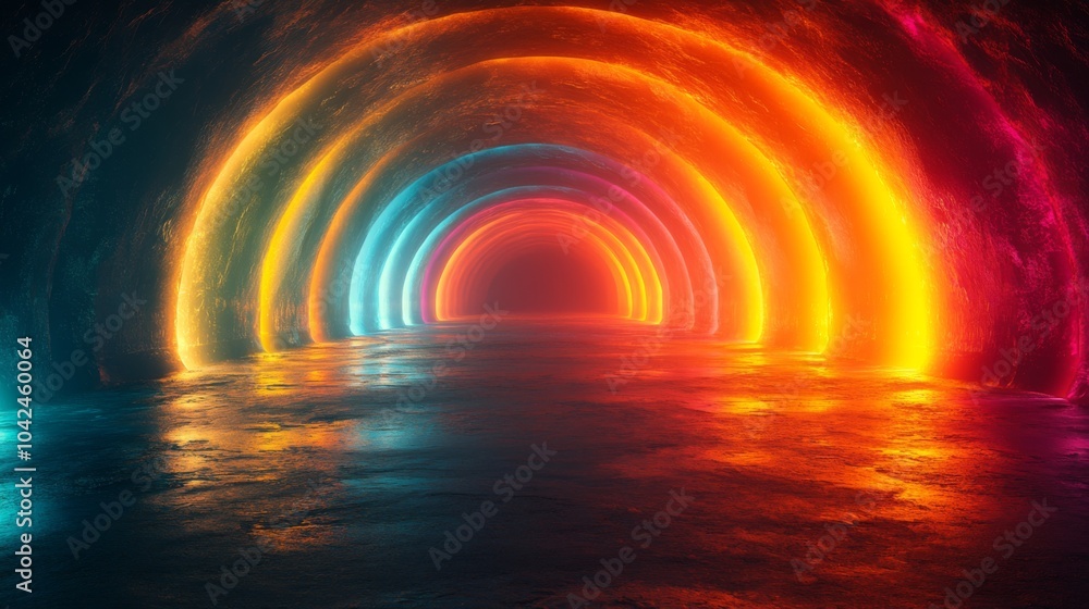 Poster A colorful tunnel filled with illuminated neon lights illuminates the wet ground, creating a mesmerizing reflection in an abstract setting at night.