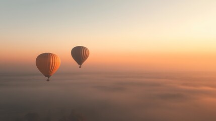 Obraz premium Hot air balloons rise majestically at sunrise over a serene landscape filled with misty fields and silhouettes of trees