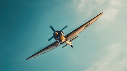 A vintage aircraft flying against a clear blue sky during a bright day in an open, expansive area showcasing its classic design and propeller