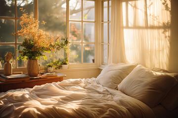 Bedroom in gold hour A cozy bedroom surrounded by windows decorated with flowers and books.
