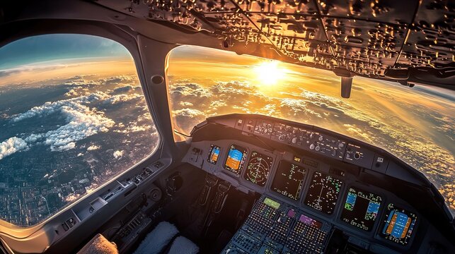Cockpit view of a commercial aircraft flying over a vibrant cityscape at night, showcasing illuminated dashboard controls and stunning city lights