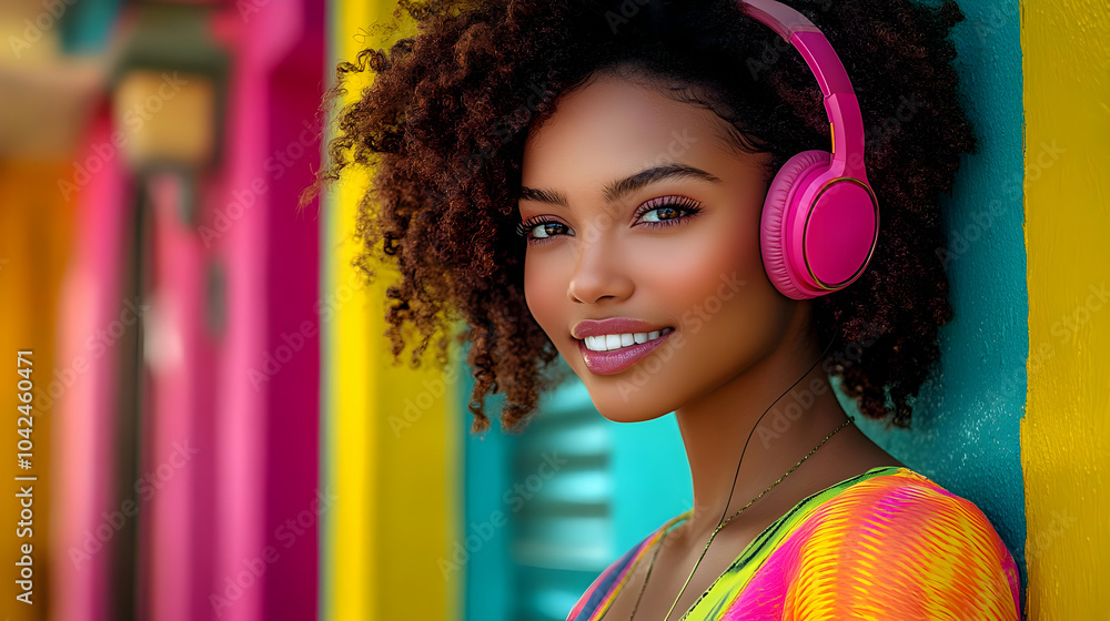 Poster A young woman with curly hair and headphones in a vibrant setting.