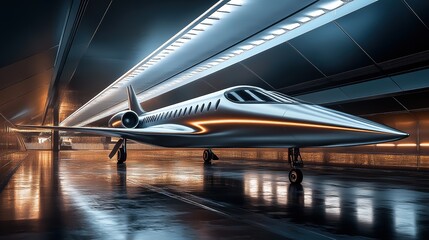 Futuristic aircraft parked at an airport during sunset with glowing accents and dramatic clouds overhead