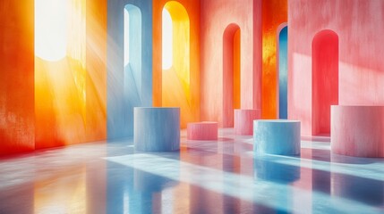 A bright interior features vivid orange, blue, and pink walls, with soft light streaming through arched windows onto cylindrical columns. The glossy floor reflects the colorful surroundings.