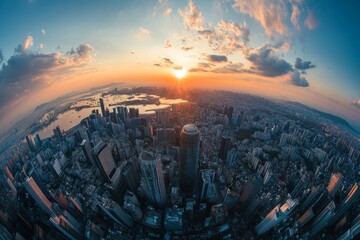 A panoramic view of a city skyline at sunset with a fisheye lens, showing the sun setting over the cityscape and the vastness of the urban landscape.