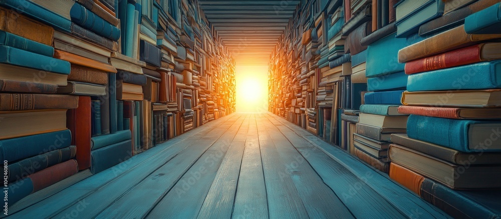 Poster pathway of knowledge leading to bright future with endless stacks of books on either side.
