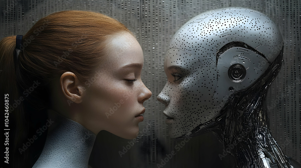 Poster A human and a robot face each other, exploring connection and identity.