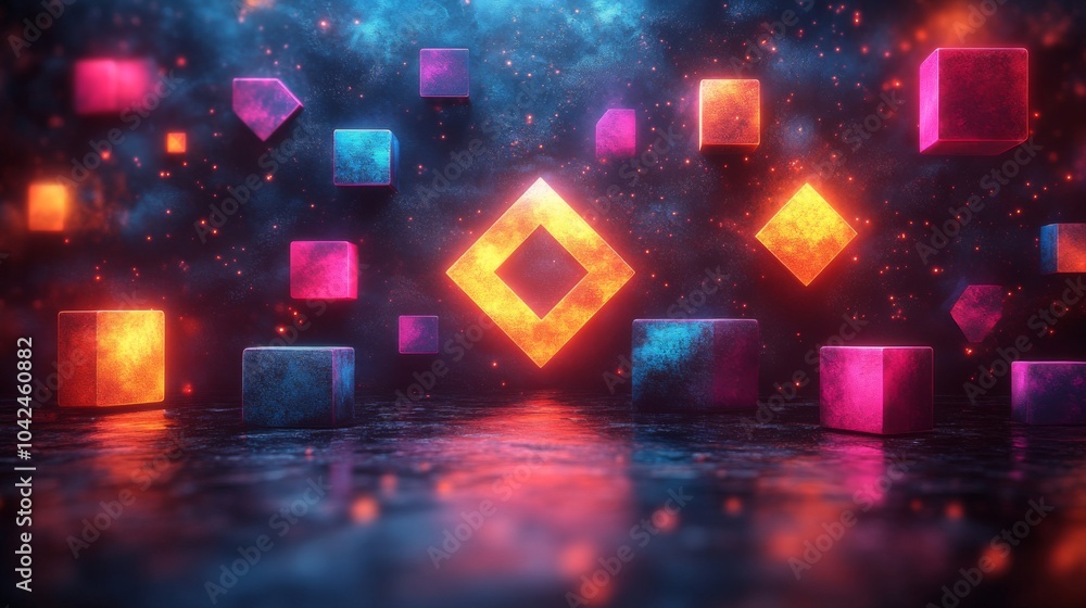 Leinwandbilder vibrant geometric shapes hover in a cosmic background, glowing with vivid colors. the scene blends l
