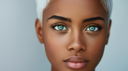 Fototapeta premium Stunning closeup of a black female model showcasing a chic short white hairstyle that captures elegance and style.