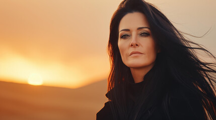 Fototapeta premium Stunning image of a beautiful woman outdoors at sunset, exuding elegance in her sleek black attire and captivating smile.
