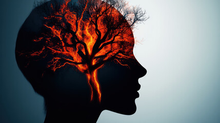 silhouette of human head with fiery tree branches growing from it symbolizes creativity and transformation. striking contrast evokes sense of passion and vitality