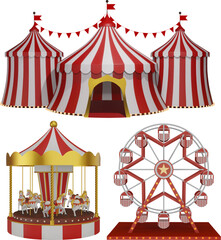 3d amusement park elements. isolated circus, carousel and ferris wheel © Angelica