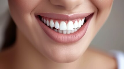 Obraz premium Happy woman shows off her bright smile, showcasing her healthy teeth after a visit to the dentist.