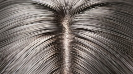 An intimate closeup shot highlights a middleaged womans dark brown hair blending with her natural gray roots.
