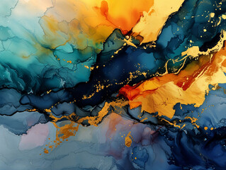 Blue and gold alcohol ink painting A colorful liquid background with swirls of gold