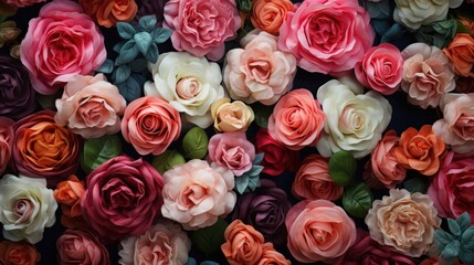 Wall of roses in various colors, beautiful and detailed