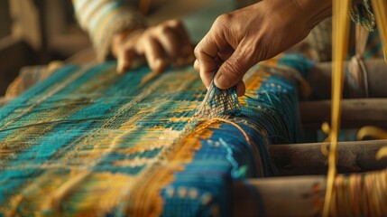 Obraz premium A person skillfully weaves blue fabric using a traditional loom, their hands moving with precision. The rhythmic process creates beautiful, intricate patterns, showcasing the art of craftsmanship and 