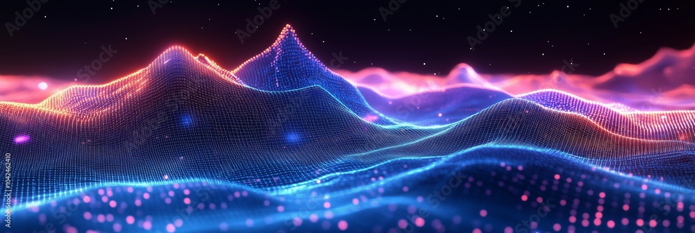 Poster abstract background with blue and purple glowing lines on black, featuring digital sound waves or wa