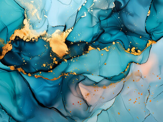 Teal and gold alcohol ink painting A colorful liquid background with swirls of gold