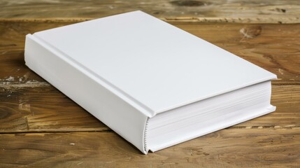 Fototapeta premium Showcase your designs with this sleek blank hardcover book mockup on a wooden desk, perfect for business literature presentations.