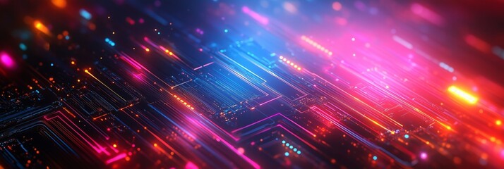 Abstract technology background with glowing geometric shapes and circuit lines