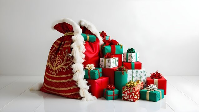 A vibrant Christmas sack adorned with intricate golden