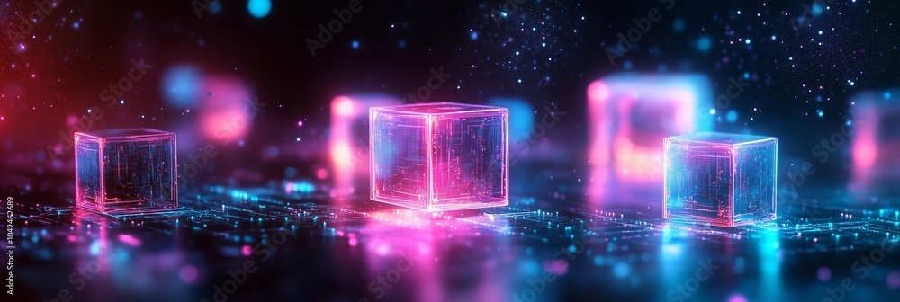 Poster abstract futuristic background with cubes in space, glowing and sparkling elements